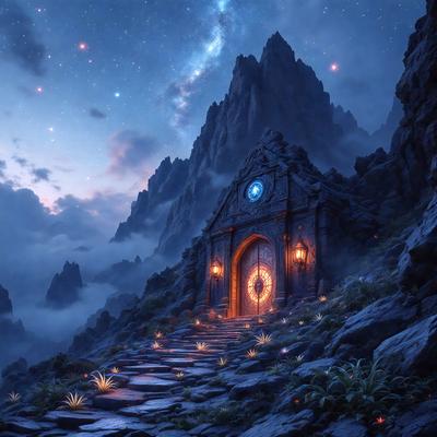 The primary subject of the image is a large, old stone building with a clock tower, situated in a mountainous area. The building appears to be a church, and it is surrounded by a beautiful landscape with mountains in the background. The visual style of the image is a digital art, creating a surreal and fantastical atmosphere. The colors and mood of the image are predominantly dark and moody, with the stone building and the mountainous landscape creating a sense of mystery and awe.